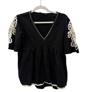 Zara Black Blouse with White Embroidery